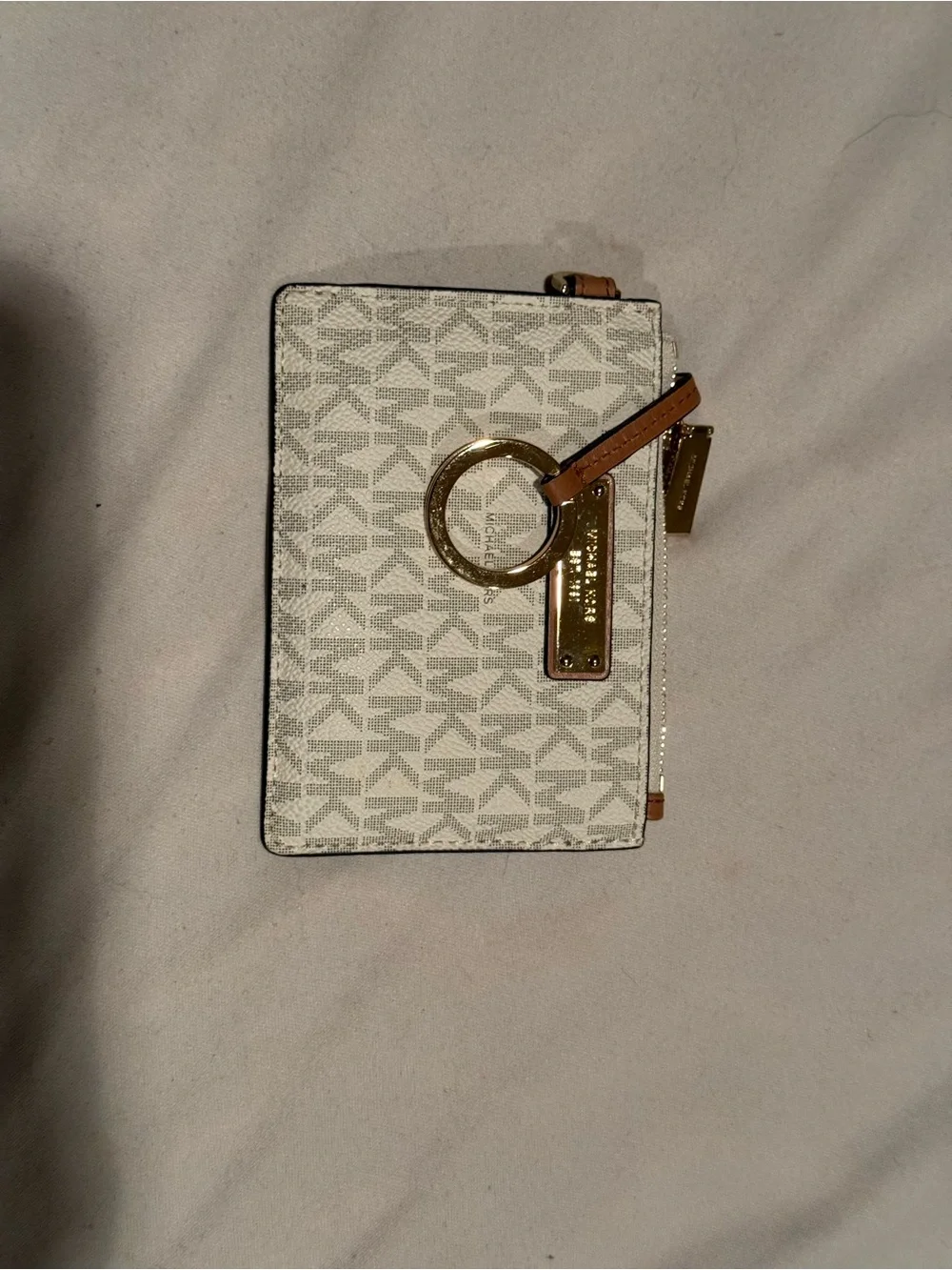 Michael Kors Cream Logo Zip Card Case with Tan Trim and Gold Hardware